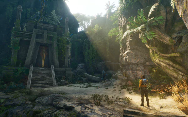 HD desktop wallpaper of Outcast 2: A New Beginning video game featuring a character exploring a mysterious jungle temple.