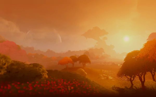 HD desktop wallpaper of Lightyear Frontier video game featuring a serene sunset landscape with vibrant flora and ambient clouds.