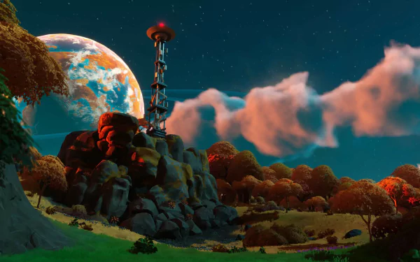 HD desktop wallpaper of Lightyear Frontier video game featuring a lush alien landscape with a large moon in the background.