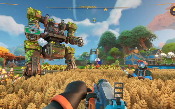 HD desktop wallpaper featuring a scene from Lightyear Frontier video game with a mech suit and vibrant farming landscape.