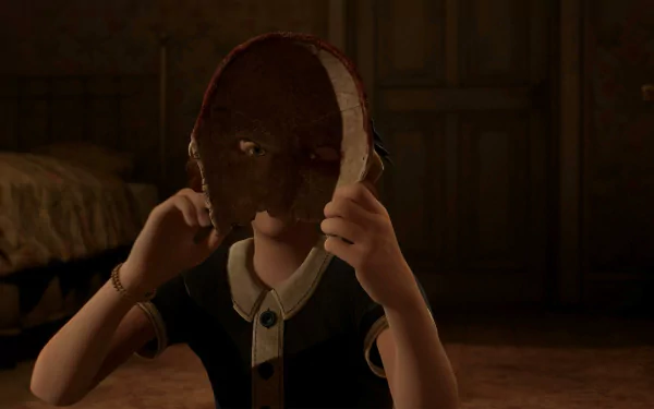 HD wallpaper of a scene from the 2024 video game Alone in the Dark, featuring a character holding a mysterious broken mask in a dimly lit room.