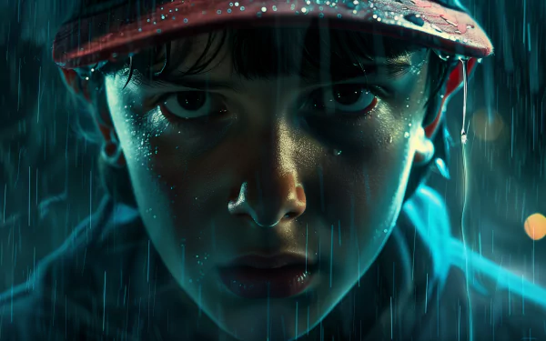 HD desktop wallpaper featuring intense fan art inspired by Stranger Things, depicting a close-up of a character in the rain with a solemn expression.