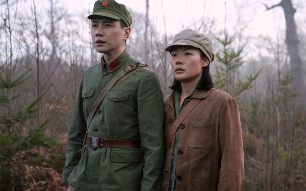 HD desktop wallpaper from the TV show 3 Body Problem featuring two characters in military attire standing in a misty forest.