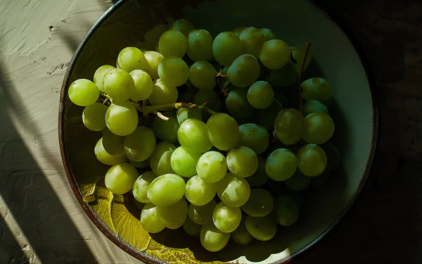 A close-up of fresh green grapes in a bowl, beautifully illuminated, creating a vibrant and refreshing HD desktop wallpaper background. 