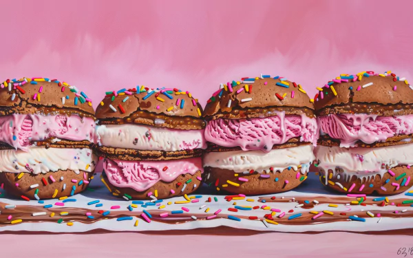 HD desktop wallpaper featuring an array of colorful ice cream sandwiches with sprinkles against a pink background.