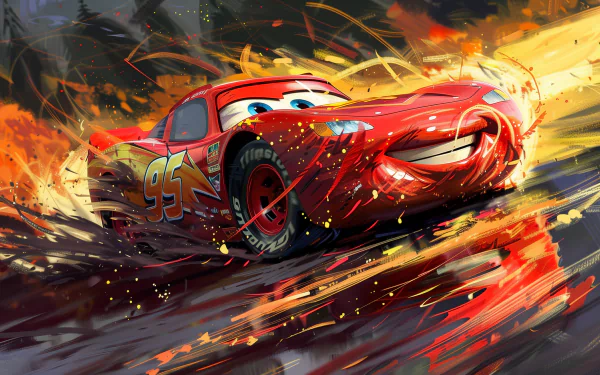 HD wallpaper featuring Lightning McQueen from Cars movie with dynamic racing background.