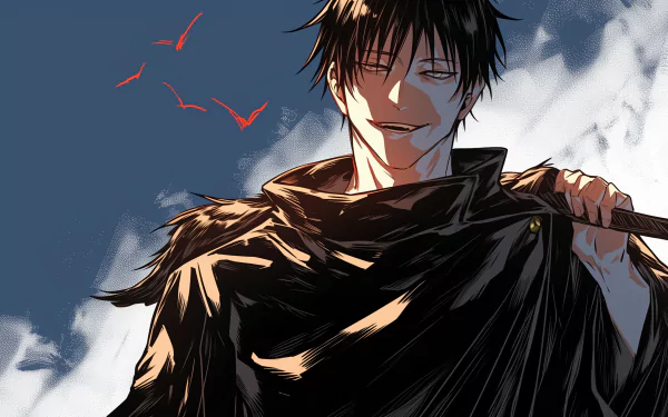 HD desktop wallpaper featuring an illustrated character from the anime Jujutsu Kaisen, possibly Toji Fushiguro, with a dynamic background and a few red accents in the sky.