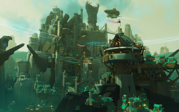 HD wallpaper of a futuristic cityscape from Bulwark: Falconeer Chronicles video game, featuring towering structures and flying vessels against a teal sky.