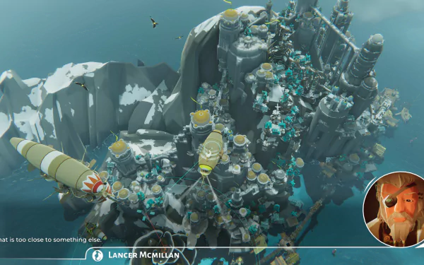 HD desktop wallpaper featuring a scene from Bulwark: Falconeer Chronicles video game with a vibrant island fortress and character avatar inset.