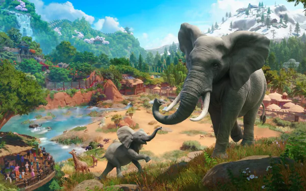 HD wallpaper of elephants in a vibrant Planet Zoo game environment, featuring detailed wildlife and a scenic zoo landscape.