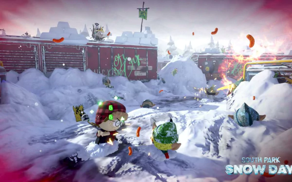 HD wallpaper featuring a snowy scene from the video game 'South Park: Snow Day!' with characters in winter gear amidst snowballs and icy backdrops.