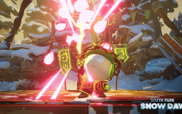 HD desktop wallpaper of South Park: Snow Day video game featuring a character with glowing powers in a snowy setting.