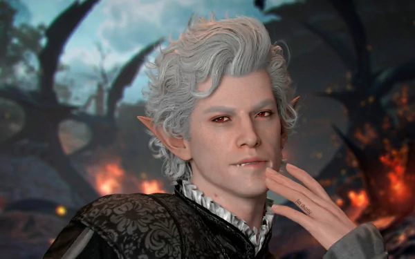 HD wallpaper of Astarion from Baldur's Gate 3 video game, featuring a close-up of the character with a contemplative expression against a fiery background.