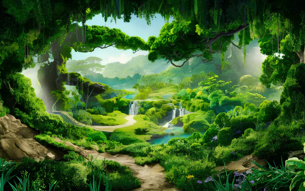  Enchanted forest landscape with waterfall