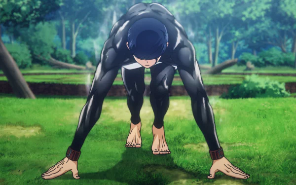 HD wallpaper featuring Mash Burnedead from Mashle: Magic and Muscles anime in a ready stance, set against a vibrant forest backdrop.