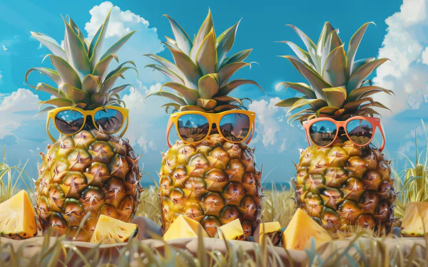 HD wallpaper featuring three quirky pineapples wearing sunglasses against a blue sky background.