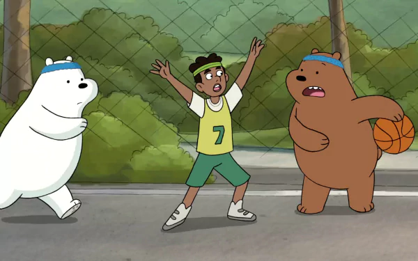 HD desktop wallpaper featuring We Bare Bears characters Polar Bear and Grizzly Bear with a basketball and a boy expressing excitement.