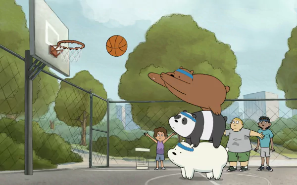 We Bare Bears characters playing basketball in an HD desktop wallpaper with Grizzly, Panda, and Ice Bear stacked up as children watch in the background.