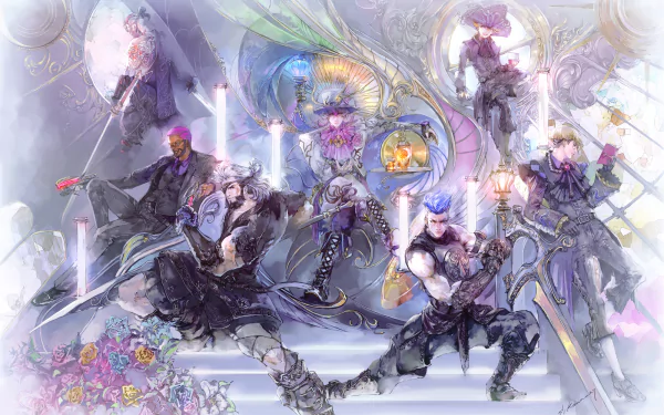 HD wallpaper featuring artistic illustration from the video game SaGa Emerald Beyond with detailed characters and mystical elements.