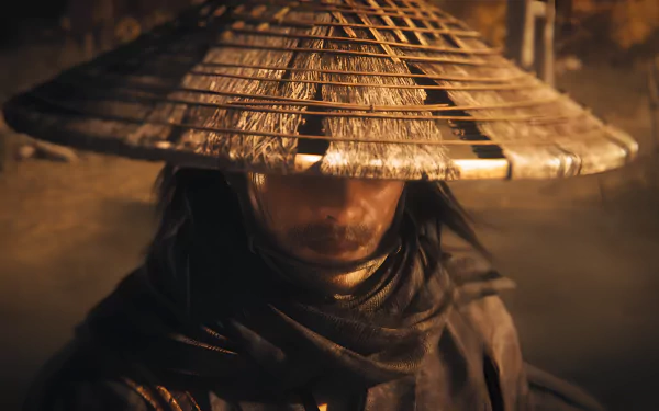 HD wallpaper featuring a character from the video game Rise of the Rōnin with a traditional straw hat, providing an immersive and atmospheric desktop background.
