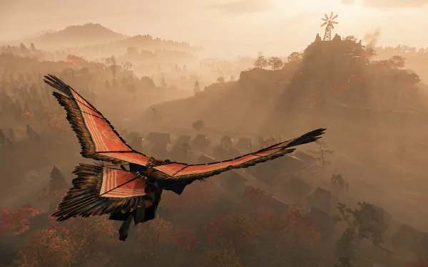 A vibrant HD desktop wallpaper from the video game Rise of the Rōnin, featuring a character soaring through a misty landscape with a striking orange-winged glider.