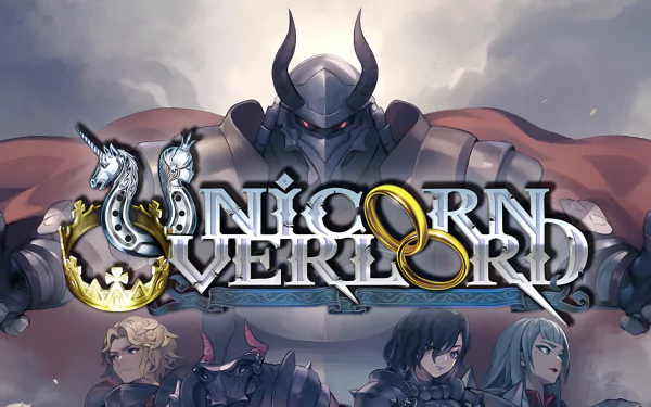 HD wallpaper featuring the logo for Unicorn Overlord with stylized video game graphics, showcasing armored characters and a fantastical backdrop for desktop backgrounds.