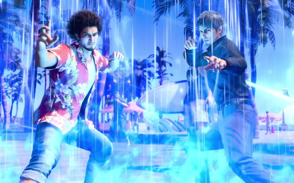HD wallpaper of Like a Dragon: Infinite Wealth video game featuring two characters in fighting stance with neon-lit tropical background.