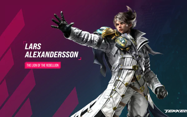 HD Tekken 8 wallpaper featuring Lars Alexandersson posing dramatically with the tagline 'Telling of the Rebellion' as the background.