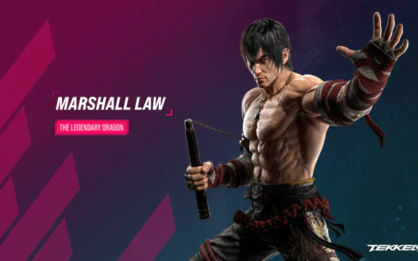 HD wallpaper of Marshall Law from Tekken 8 video game, posing as 'The Legend Dragon' with a dynamic background for desktop.