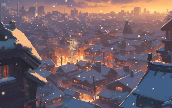 A serene snowy cityscape at dusk, featuring illuminated rooftops and soft falling snowflakes, making for a captivating HD desktop wallpaper background.