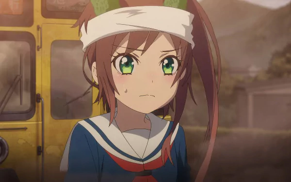 Anime character in front of a train, invoking 'Train to the End of the World' theme, in HD wallpaper format.