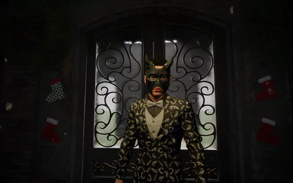 HD Deceit 2 video game wallpaper featuring a mysterious character in a mask and patterned outfit standing at a dark, ornate gate with festive stockings.