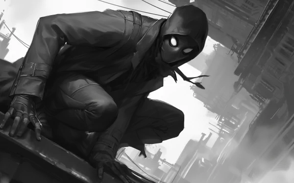 HD desktop wallpaper featuring the monochrome illustration of Spider-Man Noir perched atop a building, set against a backdrop of skyscrapers in a stylized comic-inspired cityscape.