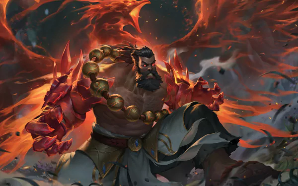 HD wallpaper of Udyr from League of Legends, showcasing the character's fiery transformation.