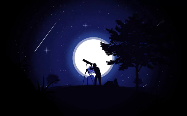 Minimalist HD desktop wallpaper featuring a silhouette of a person using a telescope under a night sky with a full moon, stars, and a meteor.