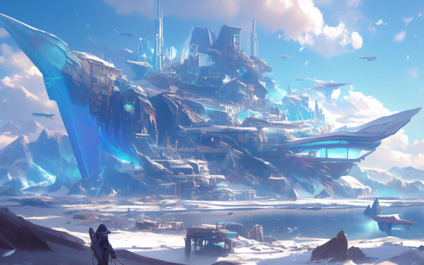 Fantasy futuristic city with advanced architecture set in a frozen landscape, available as HD desktop wallpaper and background.