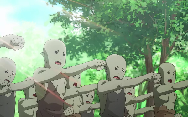 HD wallpaper of Re:Monster anime featuring a group of animated goblin characters in a forest setting for desktop backgrounds.