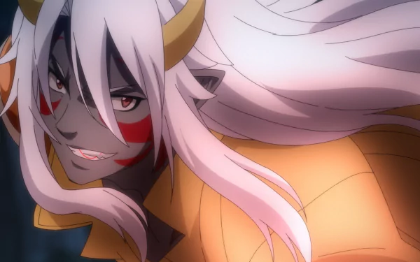 HD Anime Wallpaper featuring a close-up of a Re:Monster character with silver hair and red markings.