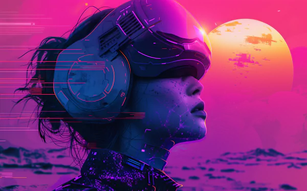 A woman in virtual reality headset against a vibrant pink sunset, aesthetic HD wallpaper and background.