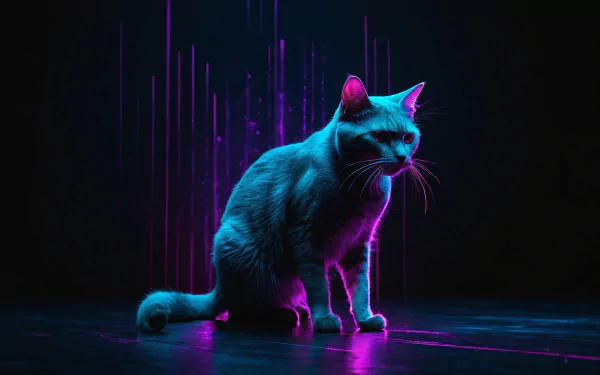 A vibrant neon design featuring a cute cat against a backdrop of striking blue and purple hues, perfect for an HD desktop wallpaper.