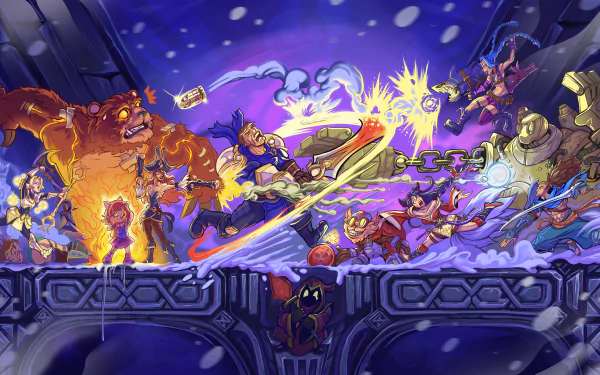 Colorful HD desktop wallpaper featuring iconic League of Legends champions: Ahri, Garen, Annie, Blitzcrank, and more in an action-packed fantasy scene.