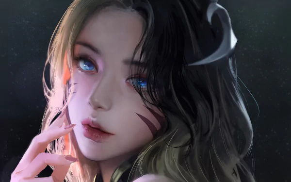 HD desktop wallpaper featuring Ahri from League of Legends, showcasing her captivating blue eyes and characteristic markings.