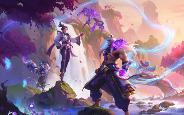 HD desktop wallpaper featuring League of Legends: Wild Rift characters, including Ahri, Sett, Tristana, and Master Yi, in a vibrant fantasy setting.