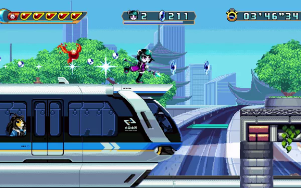 HD desktop wallpaper of Freedom Planet 2 video game featuring vibrant cityscape and in-game action.