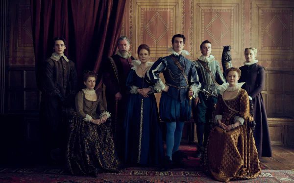 Cast of the TV show 'Mary & George' portrayed in period costumes for an HD desktop wallpaper and background.