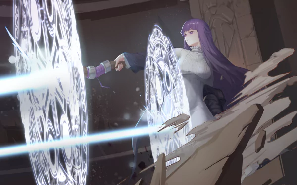 4K Ultra HD PC wallpaper featuring Fern from the anime Frieren: Beyond Journey's End, casting glowing magical shields in a dark, rocky environment.