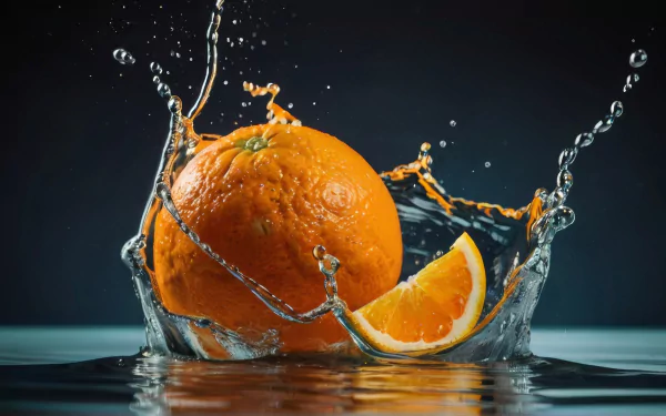 Vibrant orange citrus fruit submerged in crystal-clear water, displayed as a high-definition desktop wallpaper.