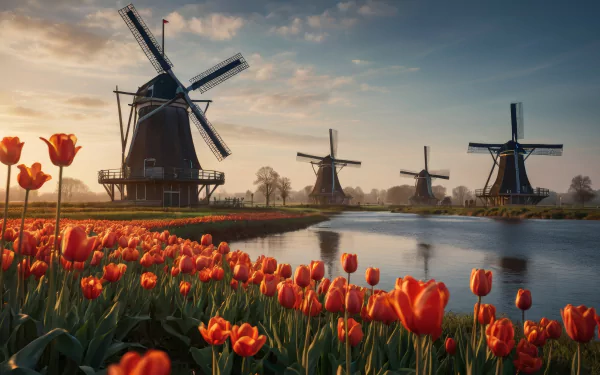  Dutch windmills with tullips field