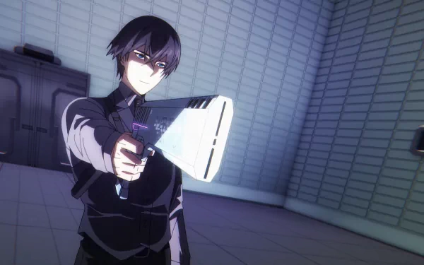 HD wallpaper of Tatsuya Shiba from The Irregular at Magic High School anime, featuring the character wielding a futuristic weapon in a dimly lit environment.
