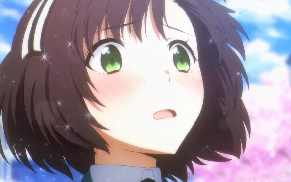 HD wallpaper featuring a close-up of an anime character from The Irregular at Magic High School with sparkling eyes and a blurred floral background.